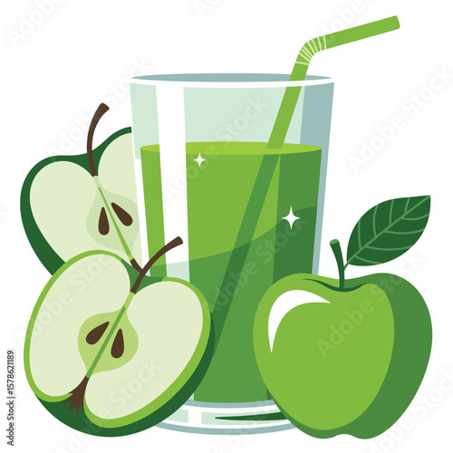 Refreshing green apple juice in a tall glass with fresh apples
