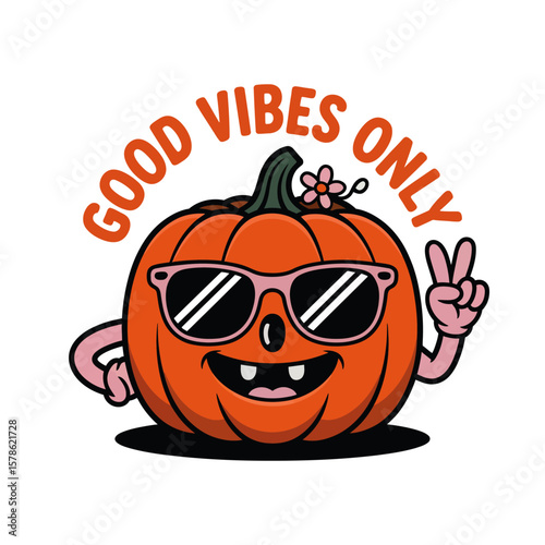 Happy cartoon pumpkin in sunglasses giving peace signs, spreading good vibes. Suitable for autumn themed designs, social media posts, and greeting cards.