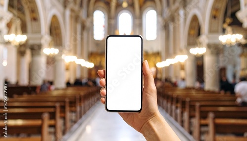 Hand Holding Smartphone with Blank Screen Inside a Church