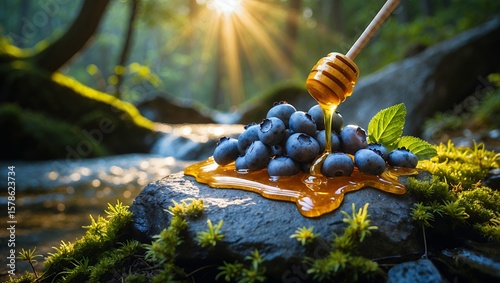 Pouring Honey Over Blueberries on a Rock near Flowing Stream