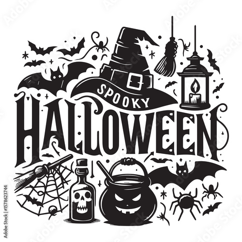 Spooky halloween lettering design with witch hat bat and spider