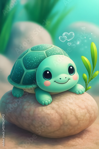 Cartoon turtle character sitting on stone with cute and playful expression in animated children's style