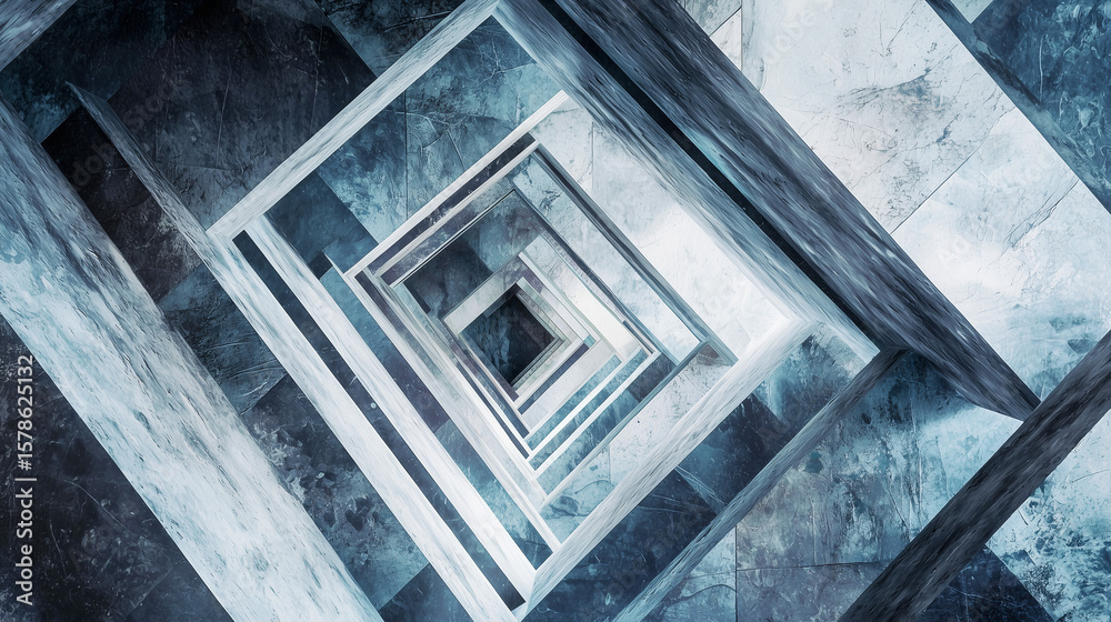 Fototapeta premium Abstract geometric staircase with modern marble texture, creating a hypnotic spiraling visual effect in blue tones.