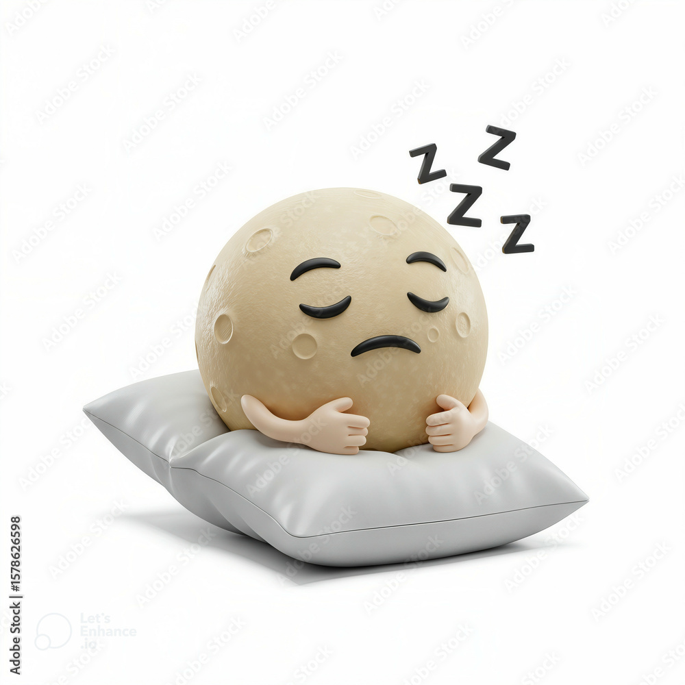 Fototapeta premium Sad Moon Cartoon Character Sleeping on Pillow