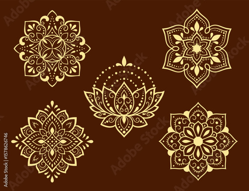 Set of Mehndi flower pattern for Henna drawing and tattoo. Decoration in ethnic oriental, Indian style. Doodle ornament. Outline hand draw vector illustration.