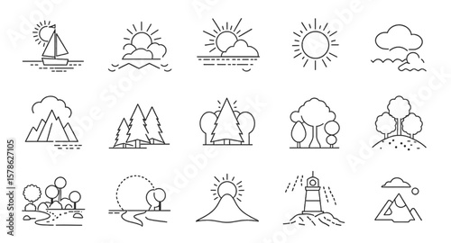Set of vector images of a sun and tree environment symbols