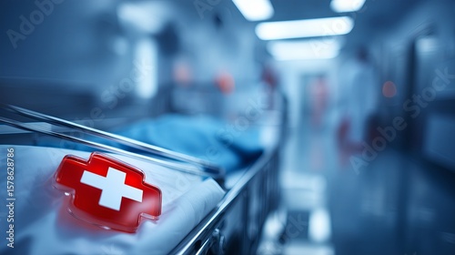 Emergency Symbolism: Red Cross on Medical Stretcher in Hospital Setting