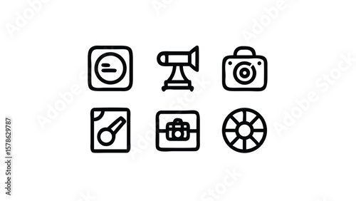 Photography and Videography Line Icons Set Representing Camera Light and Other Equipment