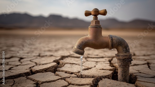 Last Drop: Rusty Faucet Above Cracked Earth Symbolizing Water Scarcity
