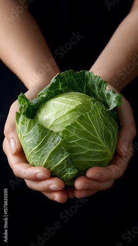 Hands holding a small fresh green cabbage against a black background.