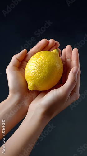 Woman's hands cupped, holding a single fresh yellow lemon.