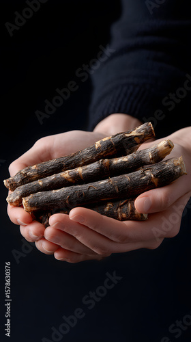 Hands in a dark shirt holding several sticks of dried licorice root.