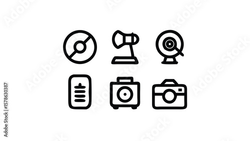 Set of Media and Communication Outline Icons Disc Megaphone Webcam Document Speaker Camera