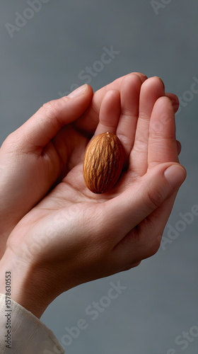 Hands holding a single raw almond against a grey background.