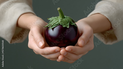 Hands holding a fresh, small, round purple eggplant or aubergine.