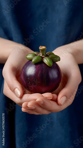 Woman's hands holding a single fresh mangosteen, the queen of fruits.