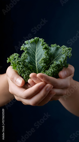 Hands holding a fresh curly kale leaf on a dark blue background.