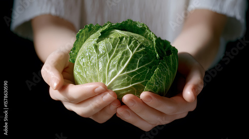 Woman's hands holding a small fresh green cabbage on a black background.