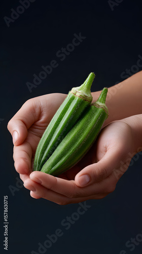 Hands holding two fresh green okra pods on a dark background.