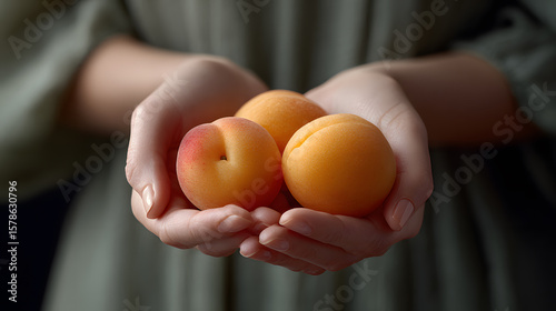 Woman's hands holding three fresh ripe apricots in a green dress.
