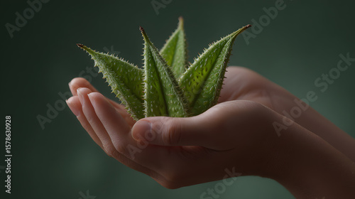 Hands holding unique green spiky seed pods of an exotic plant.
