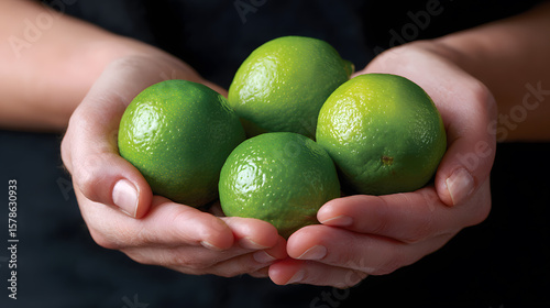 Hands holding a handful of fresh green limes on a black background.