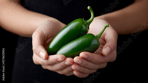 Woman's hands holding two fresh green jalapeño peppers on black background.