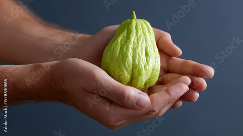 Man's hands holding a fresh whole green chayote squash.