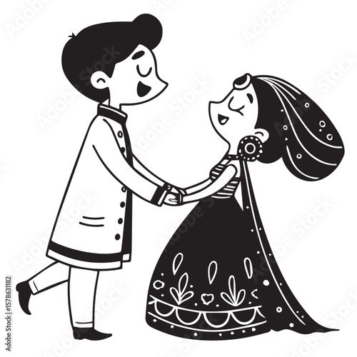 A hand-drawn style couple in ethnic dress expresses affection and harmony during a special event or cultural festival.