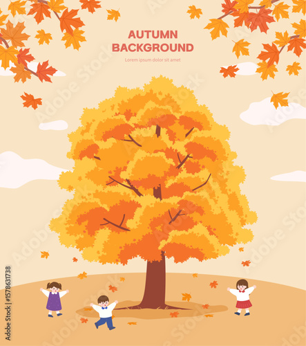 가을 단풍나무 배경_cute Kids Playing Under Autumn Tree with Falling Leaves