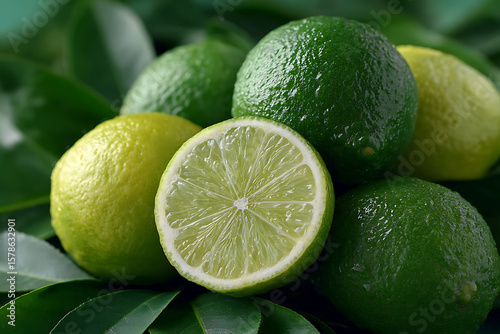 Fresh Limes and Lemons on Green Leaves Ready for Culinary Use