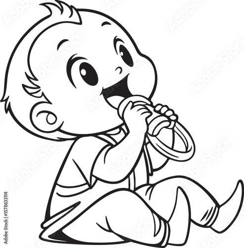 Cute hand-drawn baby joyfully eating food while sitting in a playful pose, perfect for early childhood and parenting visuals.