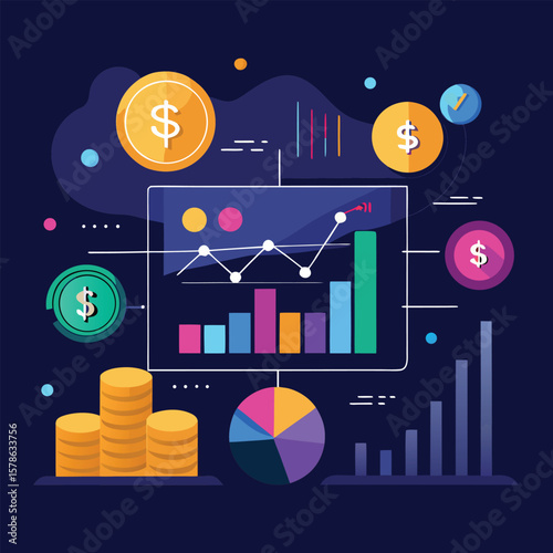 Financial growth illustration depicting charts graphs dollar signs and coin stacks on a dark blue background