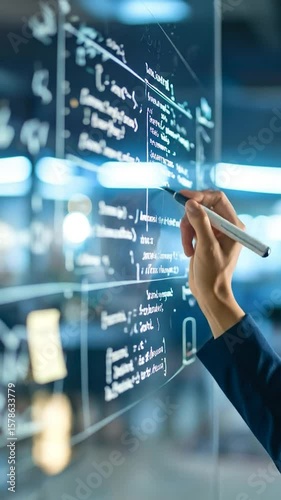Hand writing code on a glass board with a pen. Equations & code