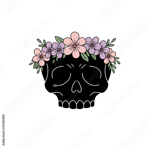 Small black skull without lower jaw wearing flower crown on a transparent background, Day of the Dead
