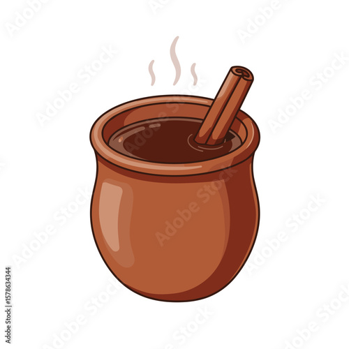 Small traditional Mexican clay mug of hot chocolate with cinnamon stick on a transparent background