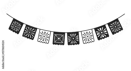 Black and white papel picado banner on a transparent background