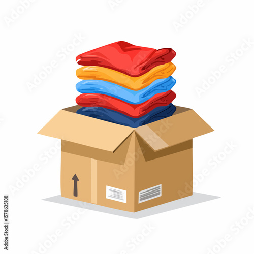 Stacked clothes for donation in a cardboard box