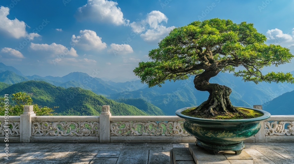 Obraz premium Panoramic view of a bonsai tree atop a mountain vista