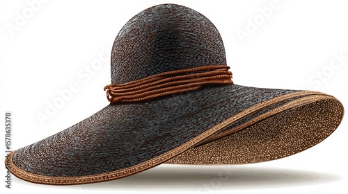 Wide-brimmed, textured hat with a brown band