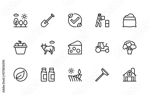 Agriculture related vector linear icons set. Isolated icon collection such as farmer, agricultural machinery, harvest, crop production, cow and more.