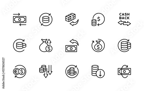 Money movement related vector linear icons set. Isolated icon collection such as economy, business, wired, profit, win, loss, Euro, flow and more.