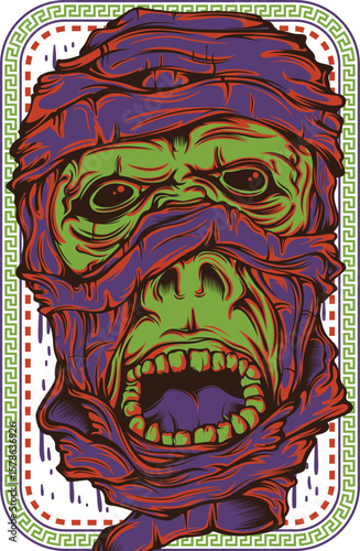 A tribal vector art illustration features an angry gothic skull monster with a lion's head, a dragon's skull, and a sword, evoking a scary Halloween symbol of death and evil