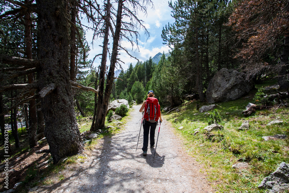 Obraz premium Young hiker woman in Vall de Boi, Aiguestortes and Sant Maurici National Park, Spain