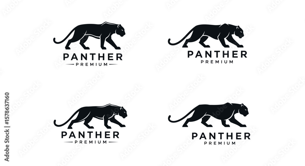 Obraz premium Four Black Panther Premium Logo Designs: Side Profile, Walking Pose, Stylized Silhouette