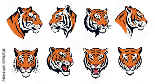 Collection of Vector Tiger Head Illustrations in Various Poses and Styles