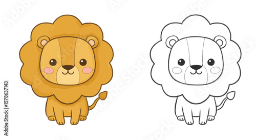 Cute Cartoon Lion Illustration with Golden Mane and Black and White Outline