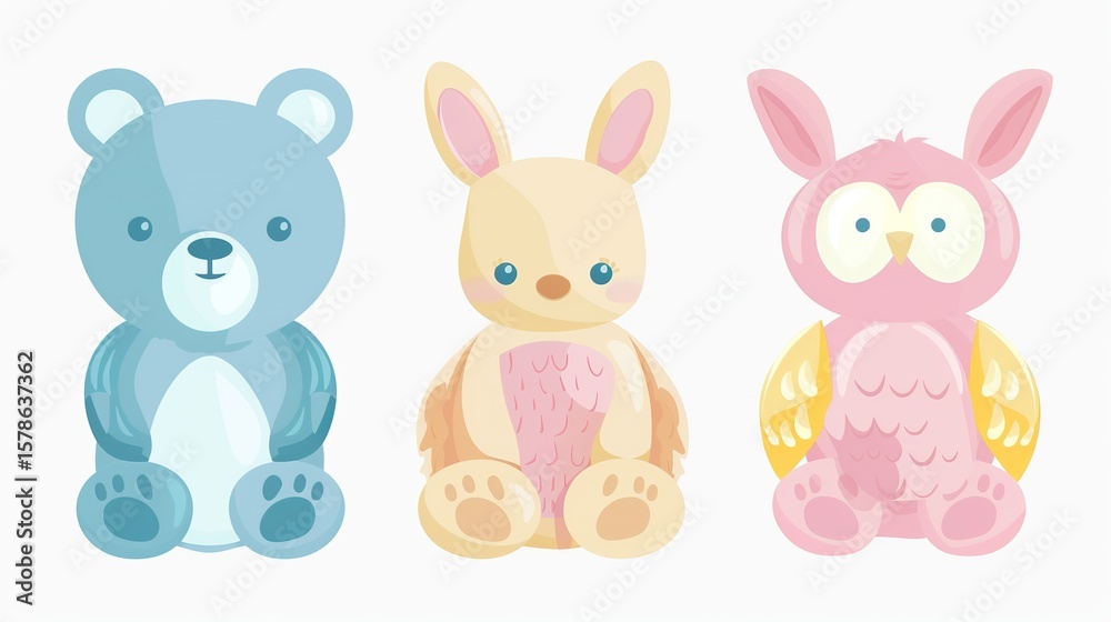 Fototapeta premium Minimalist animal-shaped building blocks (bear, rabbit, owl) in solid pastel colors, great for early childhood shape recognition.