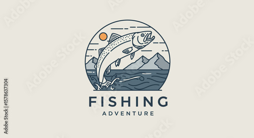 Line Art Illustration of a Salmon Leaping from Water, Mountain Landscape Background