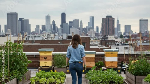 Woman tending to a rooftop vegetable garden with beehives. Urban farming and sustainable living with a city skyline in the background.